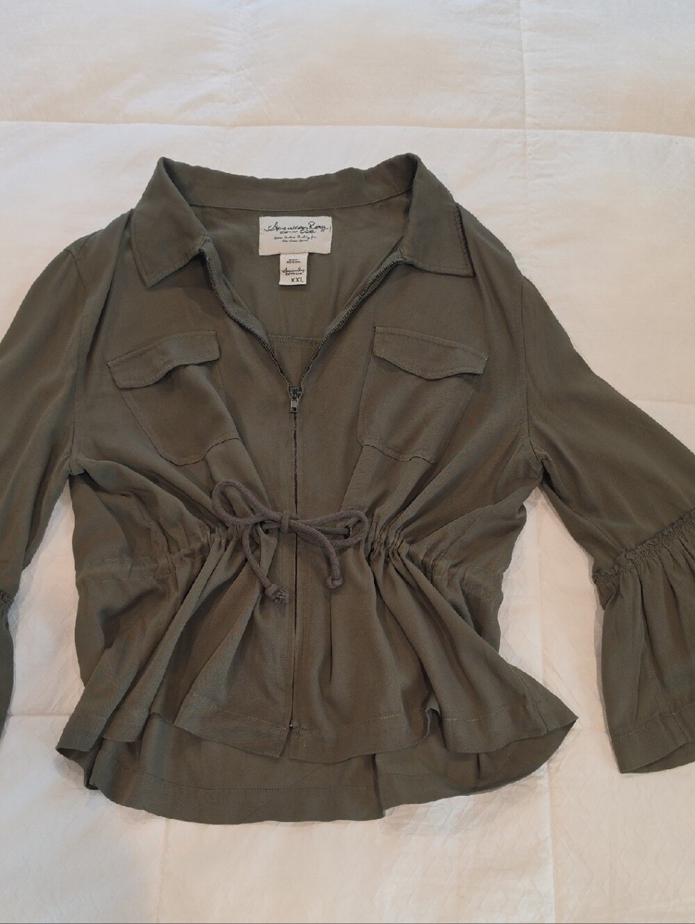 American Rag Olive Green Jacket Blouse, Zip-up With Draw String & Flare Arms XXL